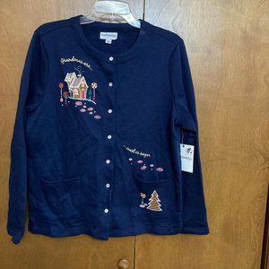 NWT Breckenridge Holiday Fleece Embroidered Cardigan  Navy  Size: Large